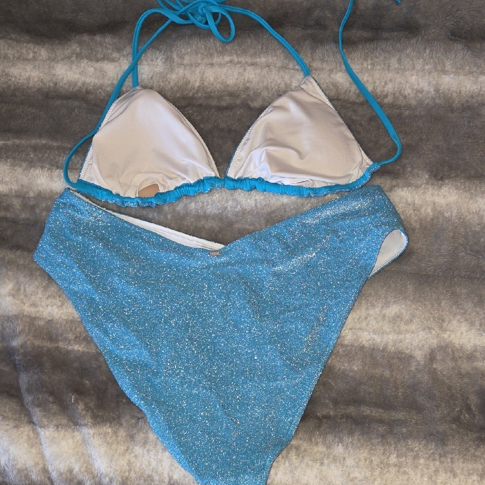 PINK Victoria's Secret Shiny Blue 3pc Bikini Set - Picture 4 of 5